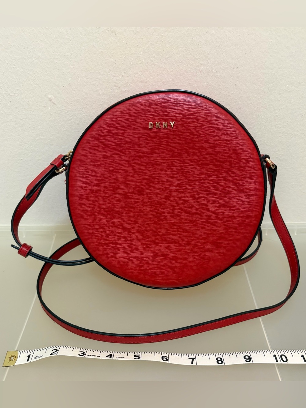 2019 DKNY Cherry Red Round Textured Vinyl Crossbody Bag